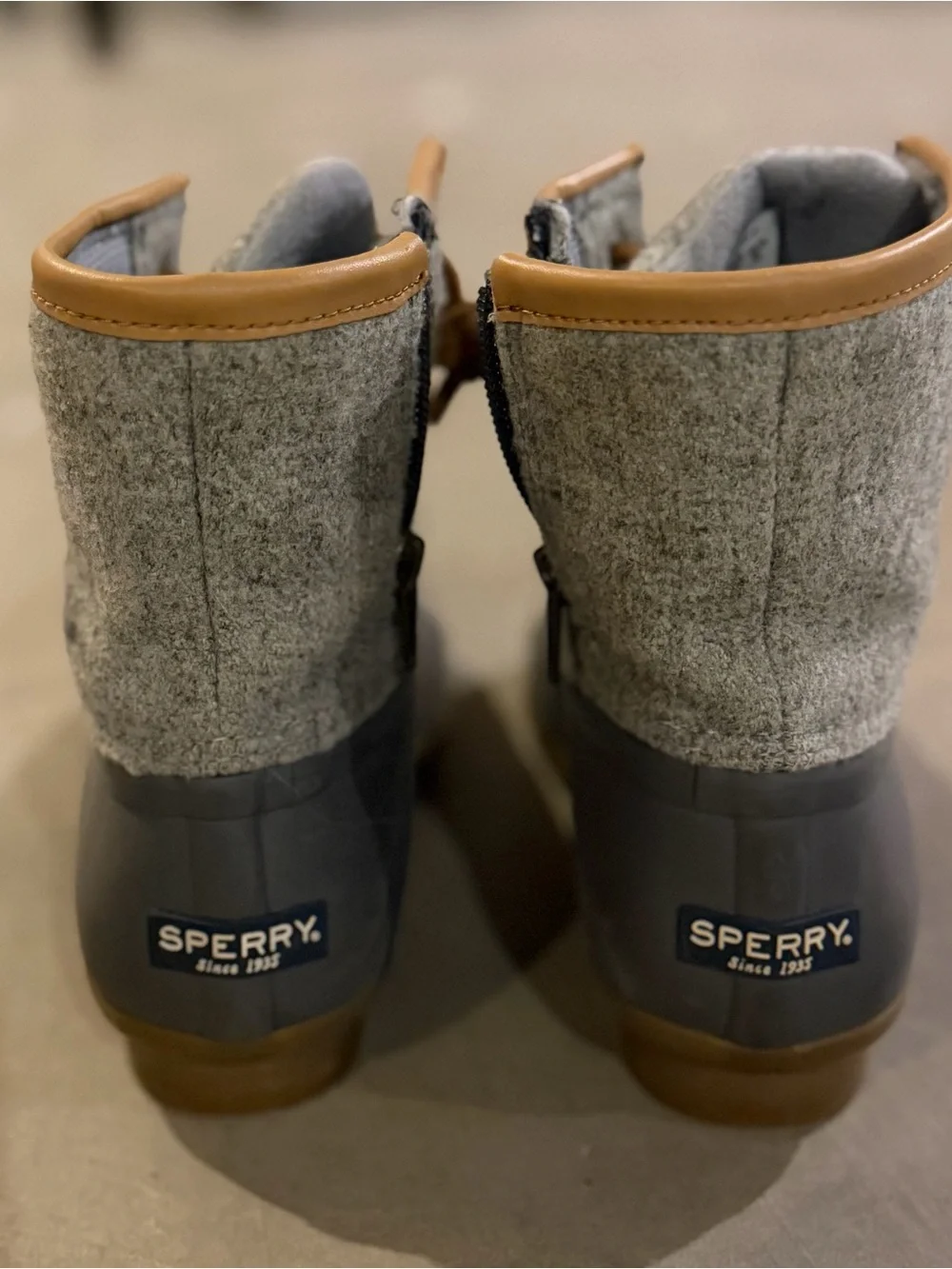 Sperry Gray Wool-Top Duck Boots with Tan Leather Accents